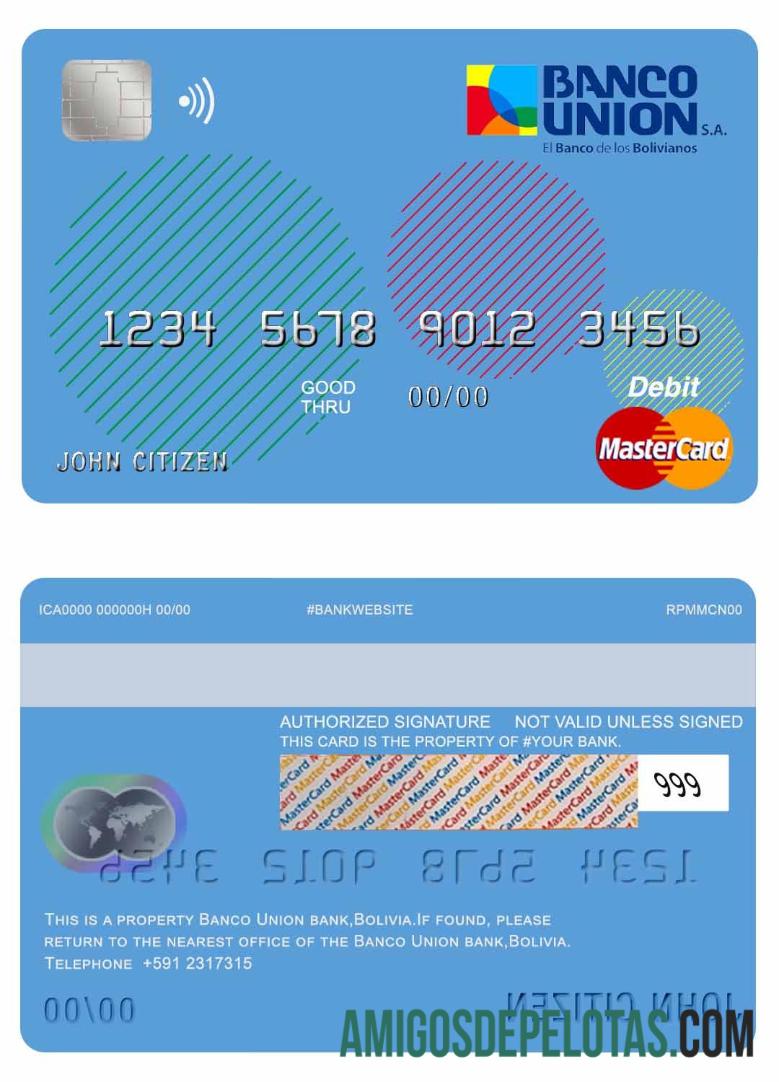 Cartão de débito Bolívia Banco Union Bank Mastercard modelo